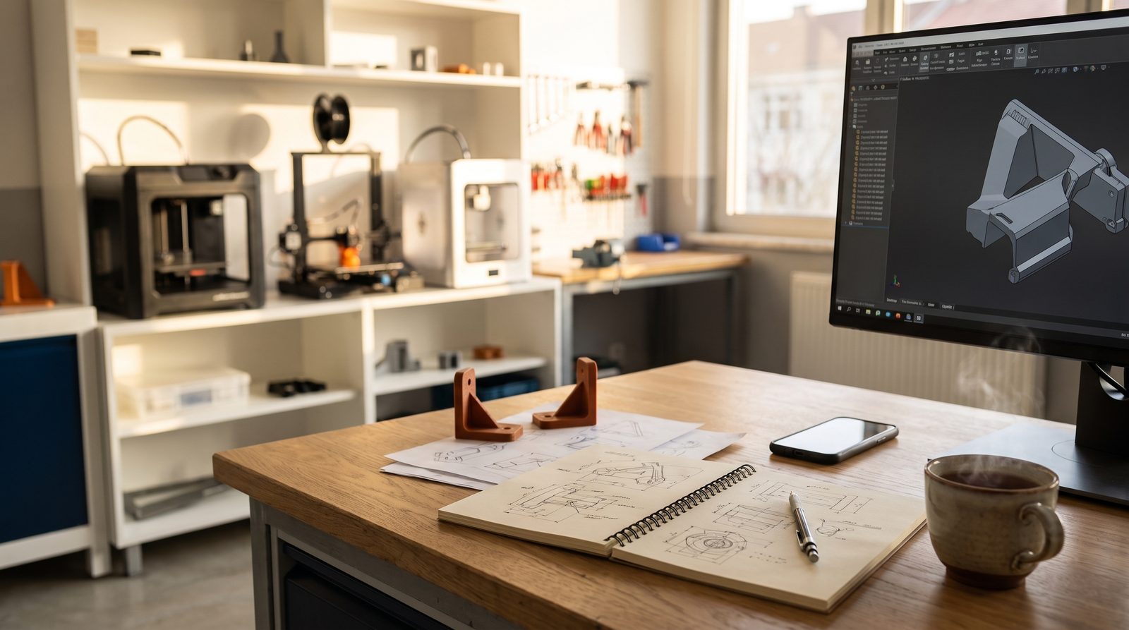 Alfa Prototip çalışma masası: CAD ekranı, el çizimi teknik çalışmalar ve 3D baskı parçalar